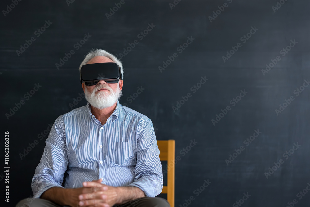 Aufkleber older man experiences virtual reality while seated in a classroom setting