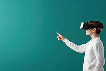 Young boy exploring virtual reality in a bright room with a green background