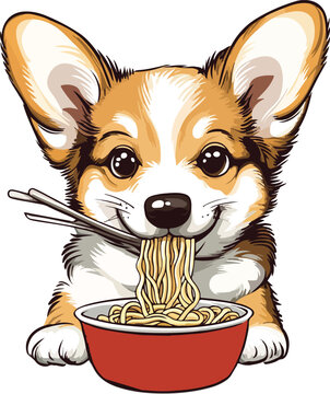 corgi eating noodles from red bowl clip art preview