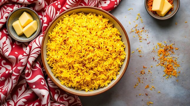 Chilaw Osh, golden rice pilaf with butter and saffron (Uzbekistan Cuisine)