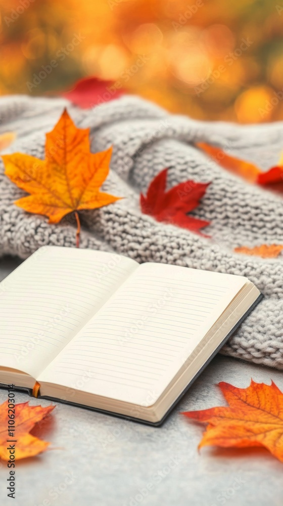 Poster cozy autumn atmosphere with open notebook and colorful leaves on soft gray blanket