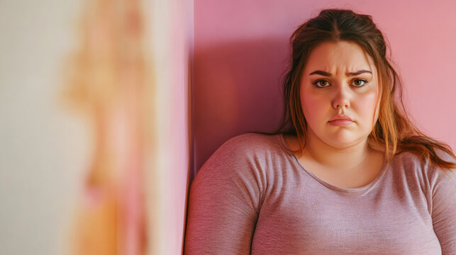 Portrait of a sad curvy woman leaning against a pink wall feeling frustrated by body shaming
