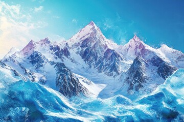 Obraz premium A stunning mountain landscape with snow-capped peaks and crashing waves in the foreground.