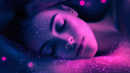 Model with star face paint and digital network connection, symbolizing dreams, augmented reality, or deep sleep
