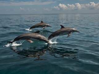 Fototapeta premium Group of dolphins swimming in the ocean, a stunning display.