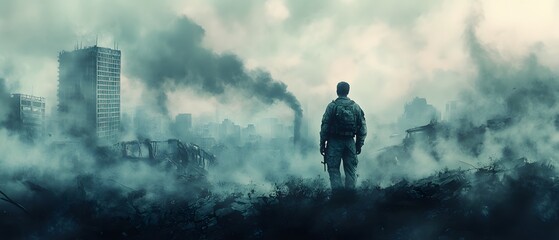 Fototapeta premium Dramatic Scene of a Soldier Standing Amidst a Post-Apocalyptic Landscape with Ruined Buildings and Smoke Rising from the Ground in a Gloomy Atmosphere