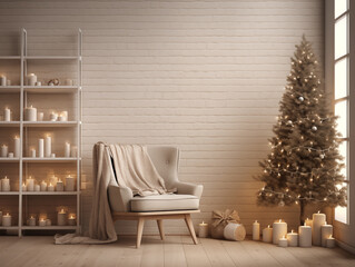 Neutral rustic minimalist Christmas interior. Japandi and wabi sabi style living room decorated for Christmas. Simple cozy Christmas interior. Winter interior with plaid accent