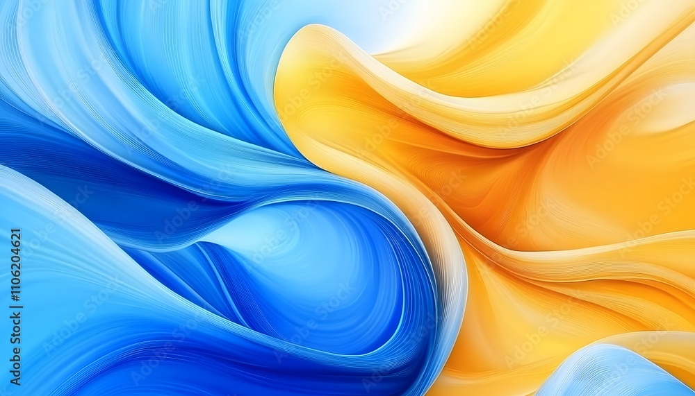 Poster abstract flowing blue and yellow curves, dynamic and vibrant digital art with soft fluid lines and g