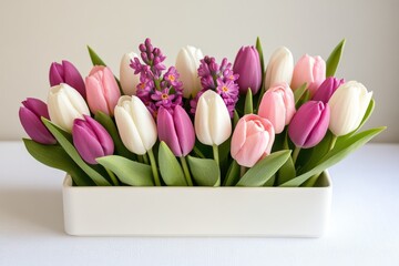 Floral arrangement featuring pink tulips and purple blooms in a white planter