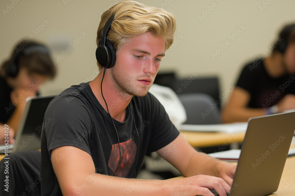 Poster student working intently on laptop in classroom during study session