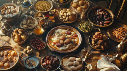 Sumptuous Spread Of Traditional Arabic Food Served During Ramadan Featuring Dates and Almonds Created With Generative AI Technology