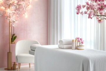 Relaxation area with soft decor featuring a massage table and elegant floral accents