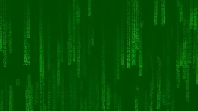 green matrix background, with simply neutral Japanese words meaning: black,white,green,yellow,red,blue,silver,iron,copper,steel,water,sea,moon,tree,sky,cloud,number,winter,summer,spring,fall,night
