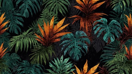 Fototapeta premium Grunge tropical leaves, palm, and fabric print.