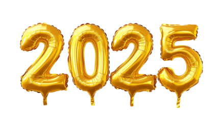 Gold foil balloons forming "2025" for New Year celebrations, transparent background, png