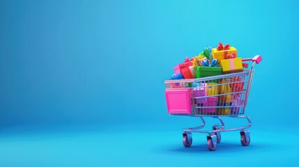 Colorful gifts overflowing from a shopping cart on a blue background.