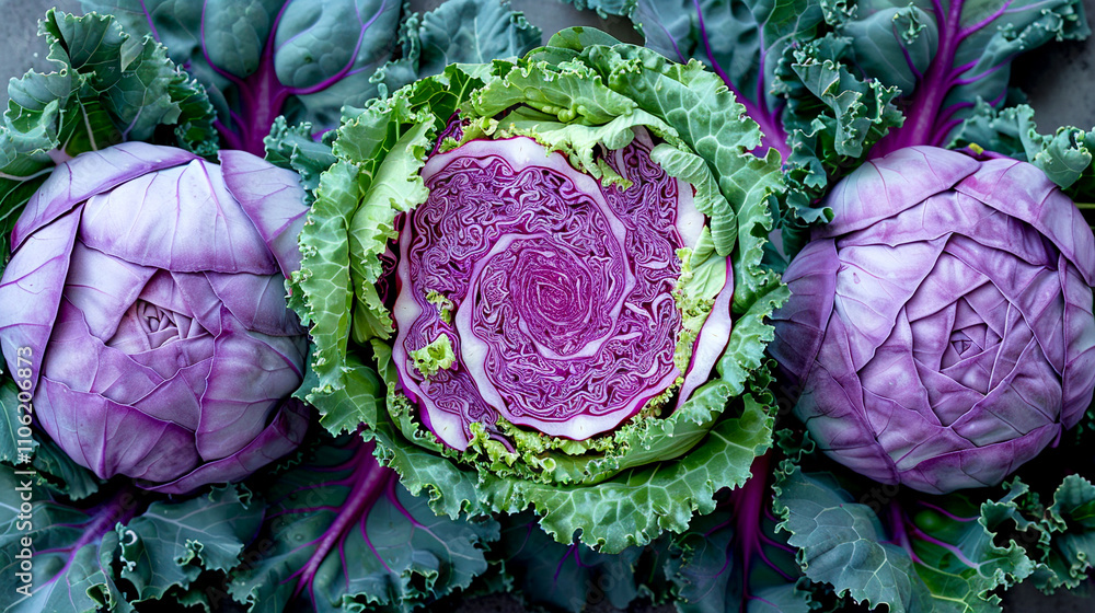 Poster vibrant display of purple cabbage showcasing intricate patterns and textures