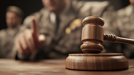 Military courtroom with soldier judge holding gavel and court proceedings in focus, designed for legal representation and clarity