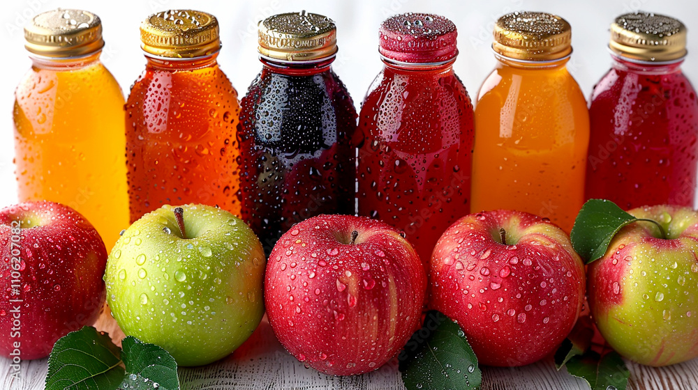 Poster colorful array of refreshing juices with apples on a wooden background