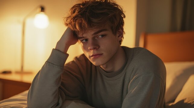 Young man sitting on a bed head resting on hand sad expression dim evening light warm bedroom tones intimate atmosphere