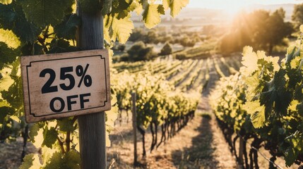 Sunset Over Vineyard with a 25% Off Sign Amidst Lush Green Vines