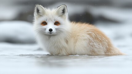 Obraz premium A beautiful red fox sits quietly on the snow-covered ground, its white and orange fur blending harmoniously with the serene winter environment