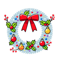 Christmas wreath with holly branches and christmas balls and red bow in linear style. vector illustration isolated on white background