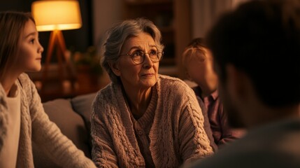 Elderly woman surrounded by her children in a thoughtful moment sitting in a warm and inviting living room with soft evening lighting