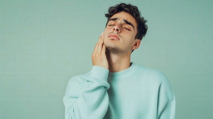 Fototapeta premium young man in a light blue sweater clutching his throat in discomfort plain light green background studio lighting with soft shadows minimalist theme