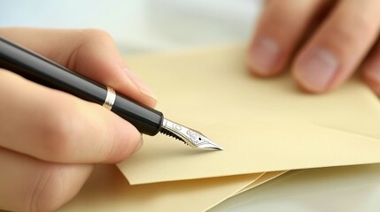 A close-up of hands writing a letter with a fountain pen on cream-colored stationery