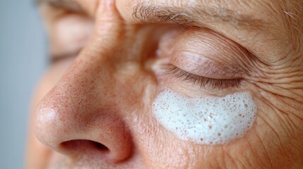 A gentle skin treatment is applied to the cheek of a mature individual who enjoys a moment of self-care and relaxation in the comfort of their home