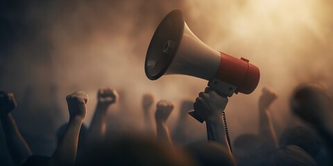 A red megaphone is held prominently in the foreground, symbolizing the voice of the movement. The background is hazy with smoke and glowing light, creating an intense and determined atmosphere