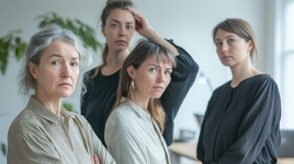 Obraz premium three women of different ages in an office one holding her head group interaction with modern office design in the background daytime natural lighting