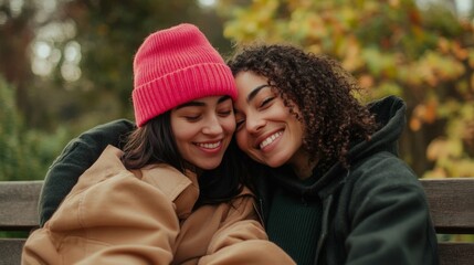 Fototapeta premium two women sitting on a park bench hugging one wearing a bright pink beanie and both smiling green natural scenery with vibrant daylight