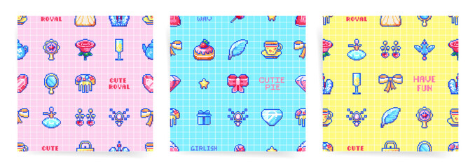 Seamless Pixel Art Patterns: Princess, Cute Royal Elements, and Accessories © Takoyaki Shop