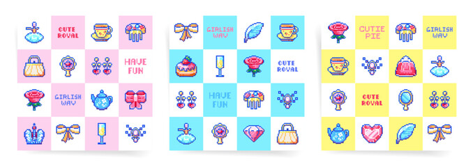 Seamless Pattern with Pixel Art Bows, Flowers, and Accessories on Pastel Pink, Blue, and Yellow Backgrounds Vector. Whimsical Girlish Print.