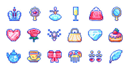 Pixel art cute noble princess icon set. Cute royal elements with crown, diamond, mirror, lady  dress, and accessories. Kawaii style illustration for girly design and noble majestic decoration. © Takoyaki Shop