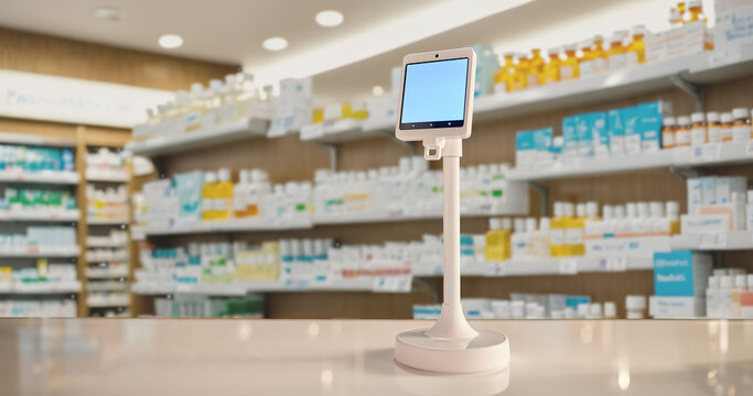 An electronic payment terminal on the pharmacy counter. Contactless payment device on the table against the background of shelves with medicines