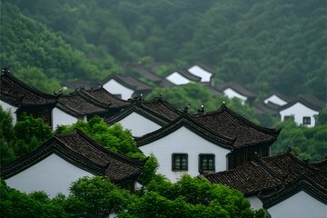 Fototapeta premium Old Chinese architecture featuring white walls and grey tiled roofs, showcasing traditional design with intricate details, curved eaves, and a serene, historic atmosphere