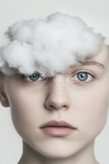 Surreal portrait of a young woman with a cloud obscuring her forehead