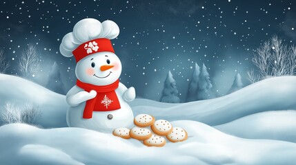 Snowman chef baking snow cookies, wearing a chefs hat and apron, cozy cartoon style