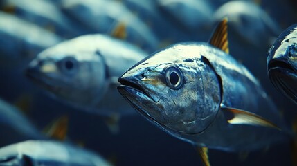 Fototapeta premium Close-up of a school of tuna swimming underwater.