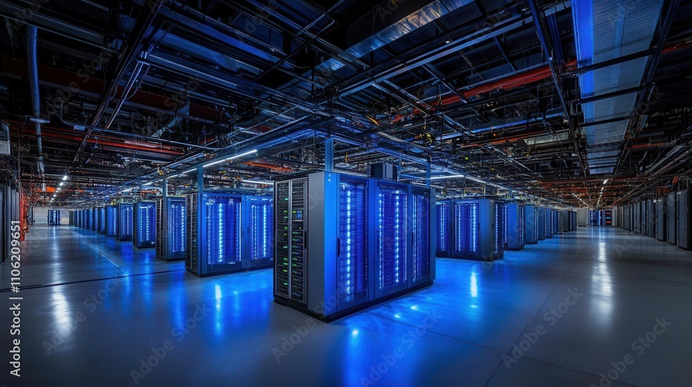 Poster a data center with numerous rows of active server racks, showcasing advanced telecommunications, clo