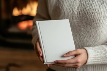 Person holding a blank notebook near a cozy fireplace
