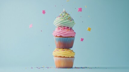 Vibrant stacked cupcakes with colorful sprinkles against a blue background