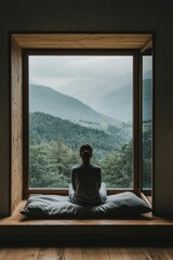 Fototapeta premium Person sits, gazing at mountain vista through window.