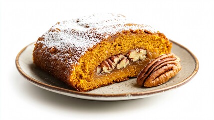 Close up of a pumpkin roll slice on a small ceramic plate, garnished with powdered sugar and a pecan half, isolated on a white background