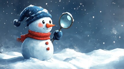 Fototapeta premium Snowman detective with a magnifying glass, searching for clues in the snow, cartoon illustration