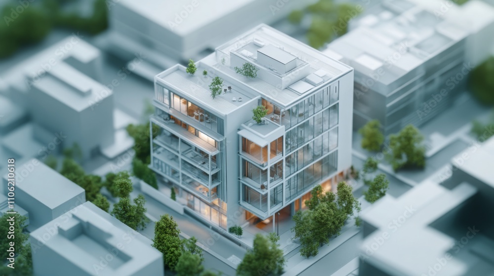 Poster a contemporary real estate building features expansive glass walls and greenery on multiple levels. 