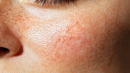 Response health warning concept. Close-up of a person's cheek showing skin texture with blemishes and imperfections.